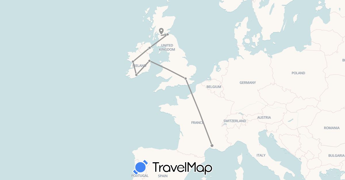 TravelMap itinerary: plane in France, United Kingdom, Ireland (Europe)
